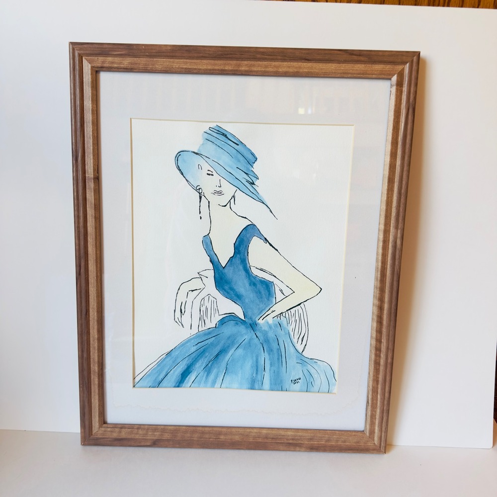 P. Skold Original Watercolor Fashion Illustration Blue Dress Hat Framed Signed